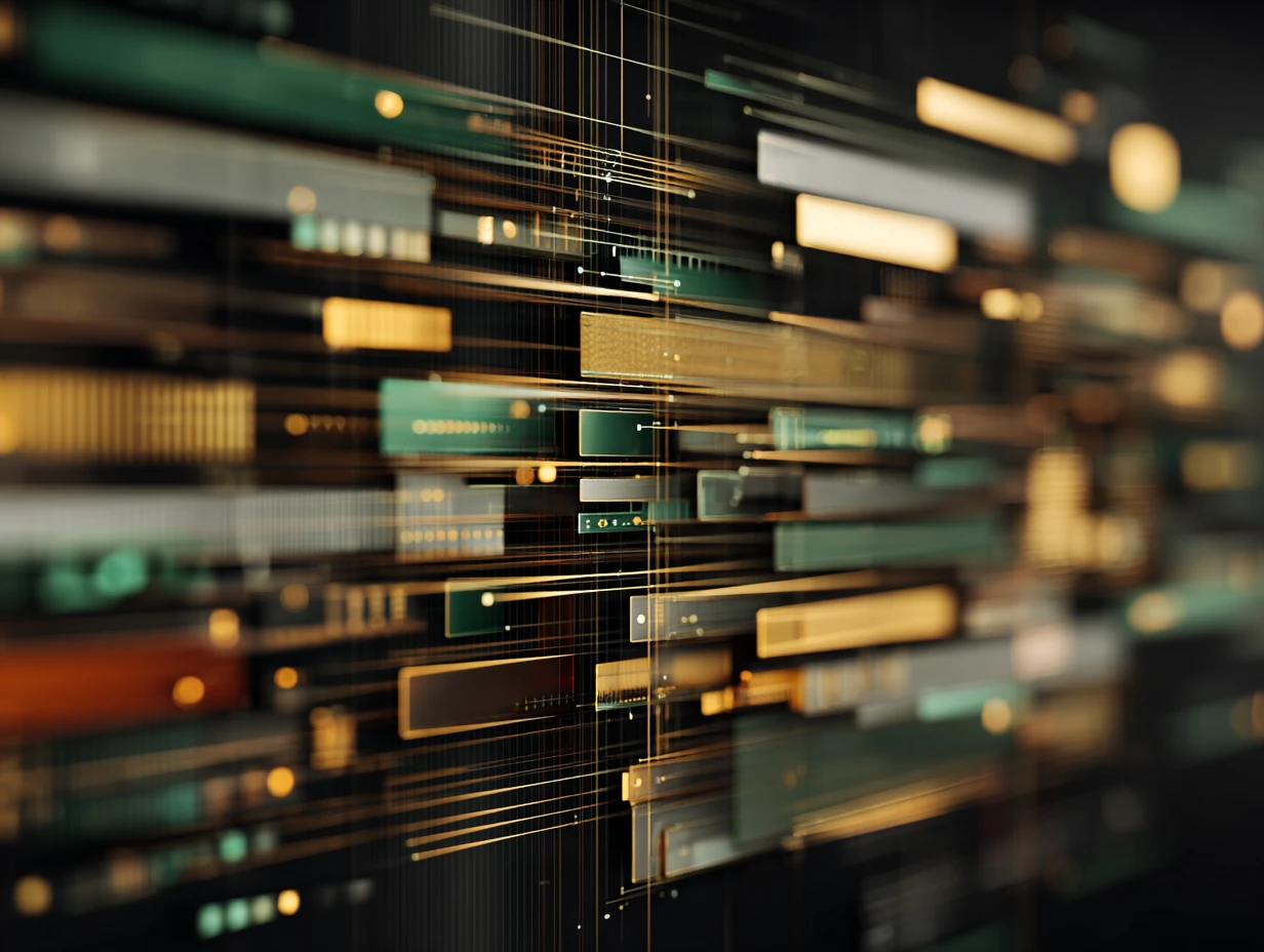 Abstract visualization of finance systems, data pipelines, and automation logic resolving into structured order.